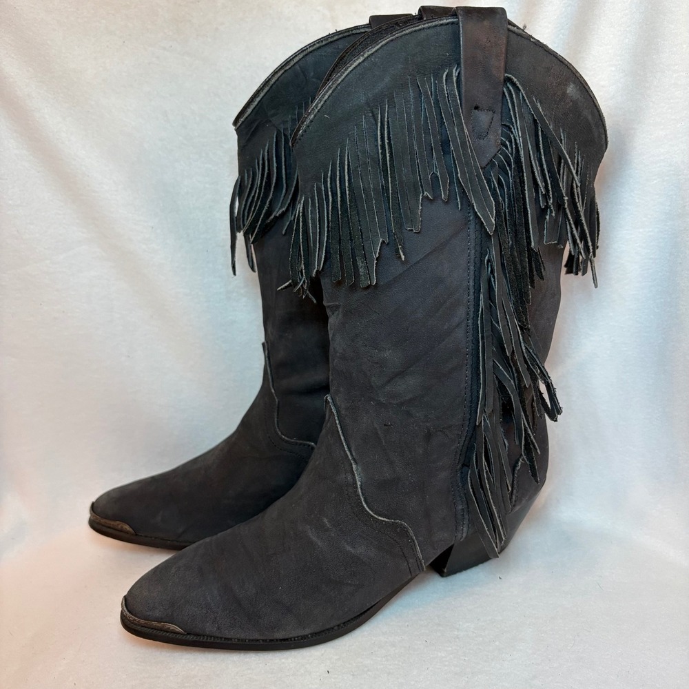 Acme Vintage Black Leather Fringe Cowboy Boots Pointed Toe Metal Tip Womens 6